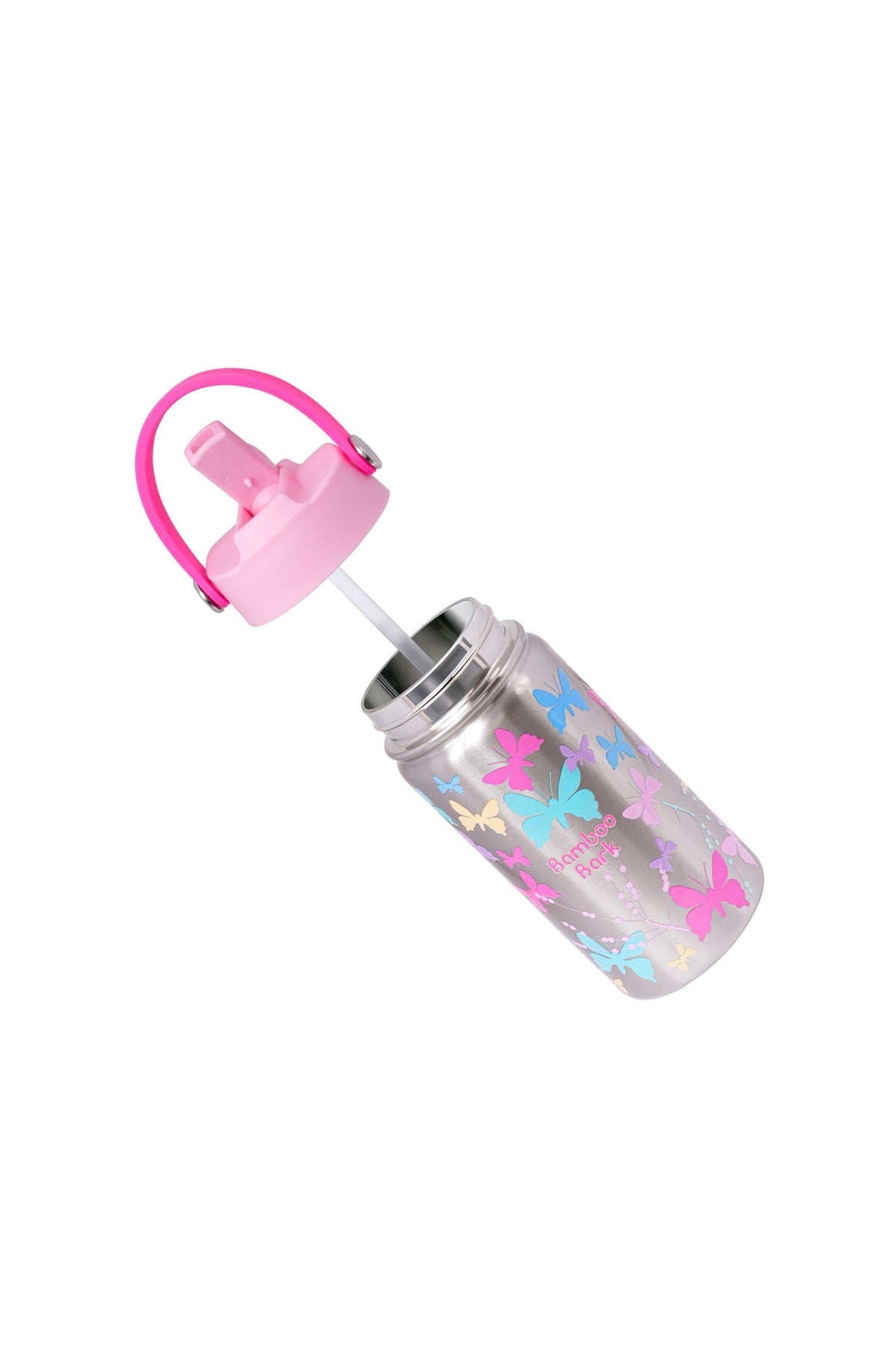 Bamboo Bark Insulated Water Bottle for Kids, 400ml Stainless Steel with Straw Lid, BPA Free Leak Proof School Water Bottle for Girls & Daily Use (Butterfly Print)