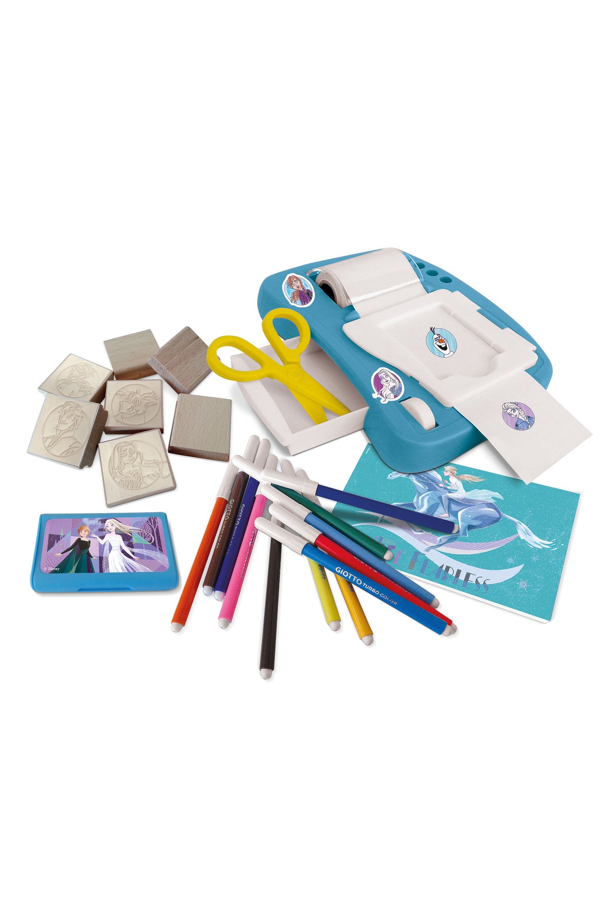 Multiprint Frozen Sticker Machine Set – Scissors, Sticker Machine, Album, 12 Washable Markers, 7 Stampers & Ink Pad – 100% Made in Italy