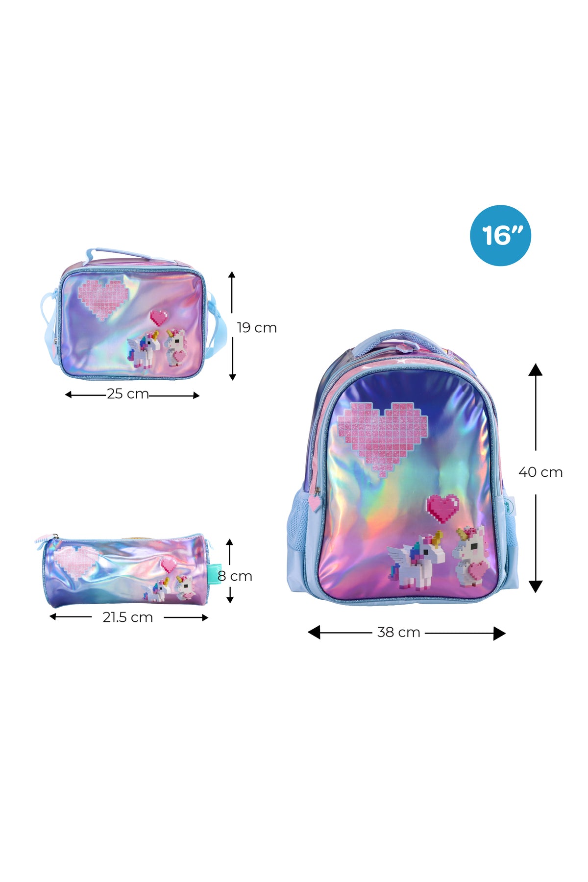 MOON Unicorn Backpack Set for Girls 3 in 1 – 16 Inch Premium Kids School Bag with Lunch Bag & Pencil Case-Pink &Blue