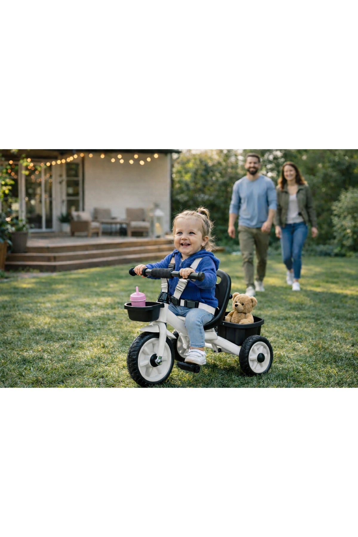 StarMarz Toddler 3-Wheel Tricycle Ride-On Toy with Safety Seat, Cup Holder & Rear Storage Basket - White