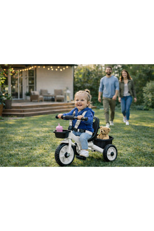 StarMarz Toddler 3-Wheel Tricycle Ride-On Toy with Safety Seat, Cup Holder & Rear Storage Basket - White
