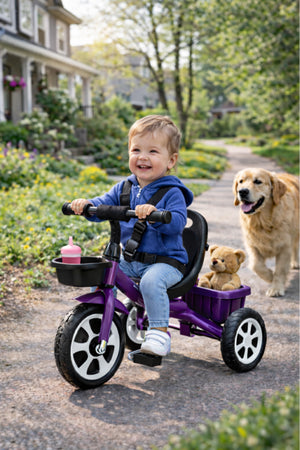StarMarz Toddler 3-Wheel Tricycle Ride-On Toy with Safety Seat, Cup Holder & Rear Storage Basket - Purple