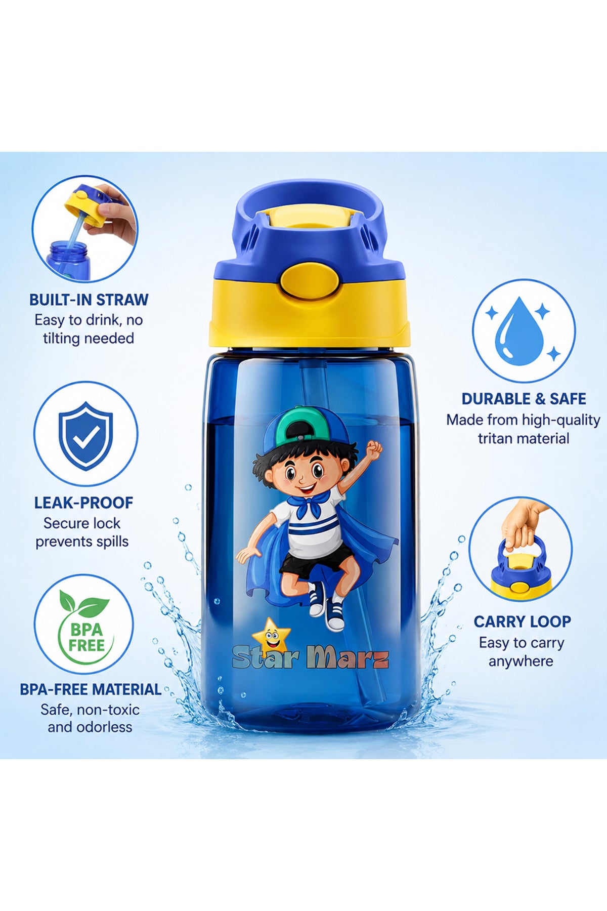 StarMarz Kids Sipper Water Bottle – Anti-Leak Cartoon Design For Girls – 480 Ml – Blue