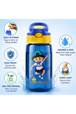 StarMarz Kids Sipper Water Bottle – Anti-Leak Cartoon Design For Girls – 480 Ml – Blue