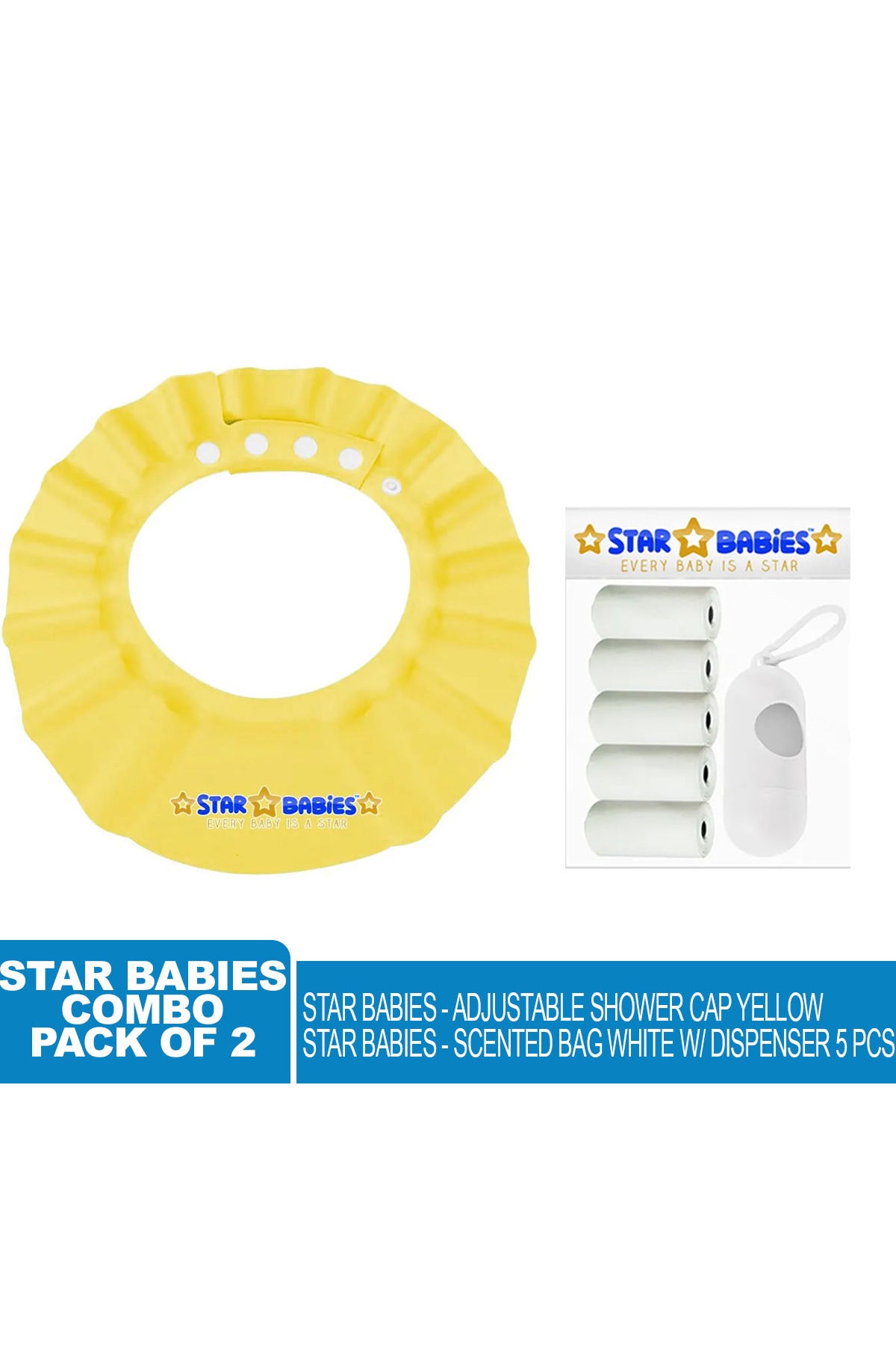 Star Babies Adjustable Shower Cap With Scented Bag & Dispenser Combo Pack Yellow & White - 7 Pieces