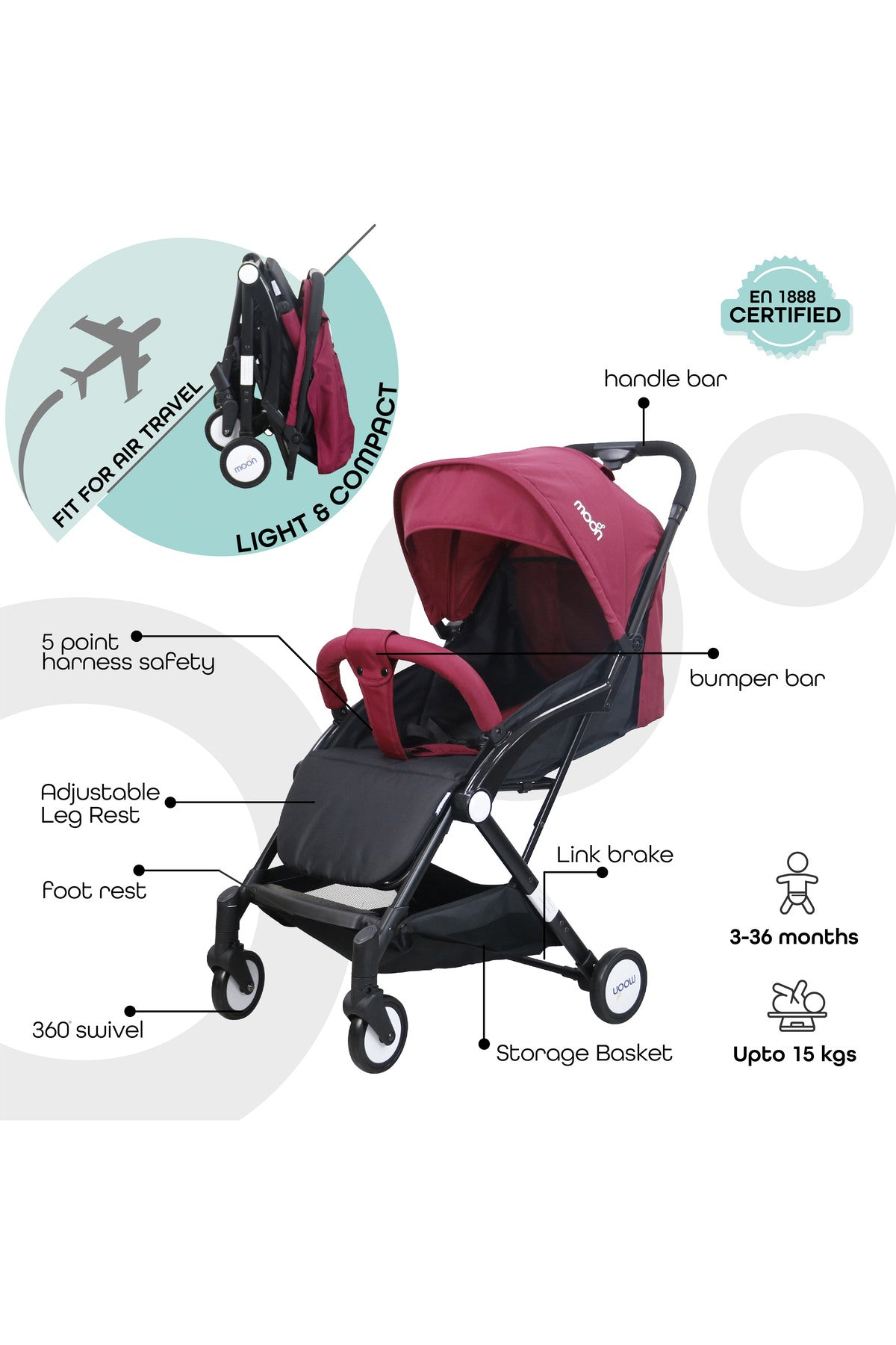 MOON Travel-Lite  - Cabin Stroller,Dark Red