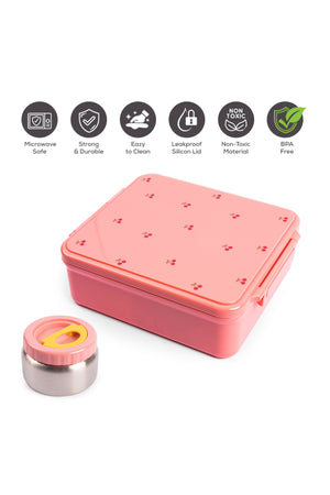 Cocobee Cherry Tritan Bento Lunch Box With Food Jar, 4 Compartments, Bpa Free, Leakproof, Microwave Safe, 1.87L – Pink