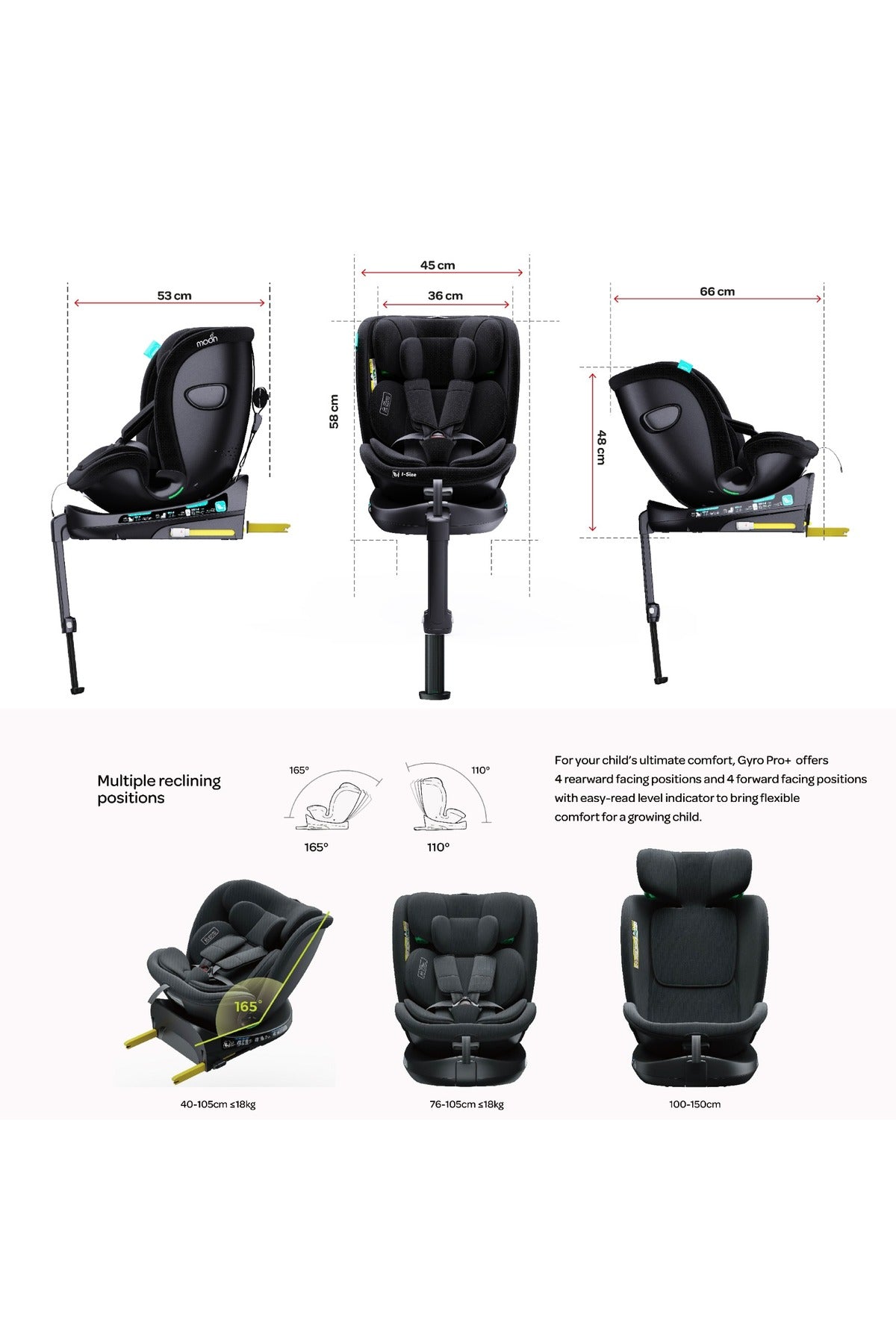 MOON Gyro Pro+ i-Size 360° Rotating Car Seat w/ leg Support and ISOFIX for 40-150cm (Group 0+-1-2-3) 0m to 12Yr- ECE R129/E4 – Black