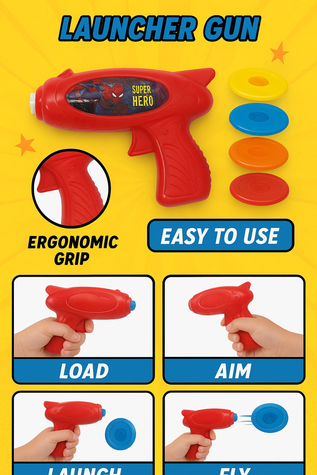 Marvel Spider-Man Top Flying Saucer Gun Toy – Launching Spinner Disc Shooter with 3 Discs – Kids’ Outdoor Action Toy – Ages 3+| multicolor