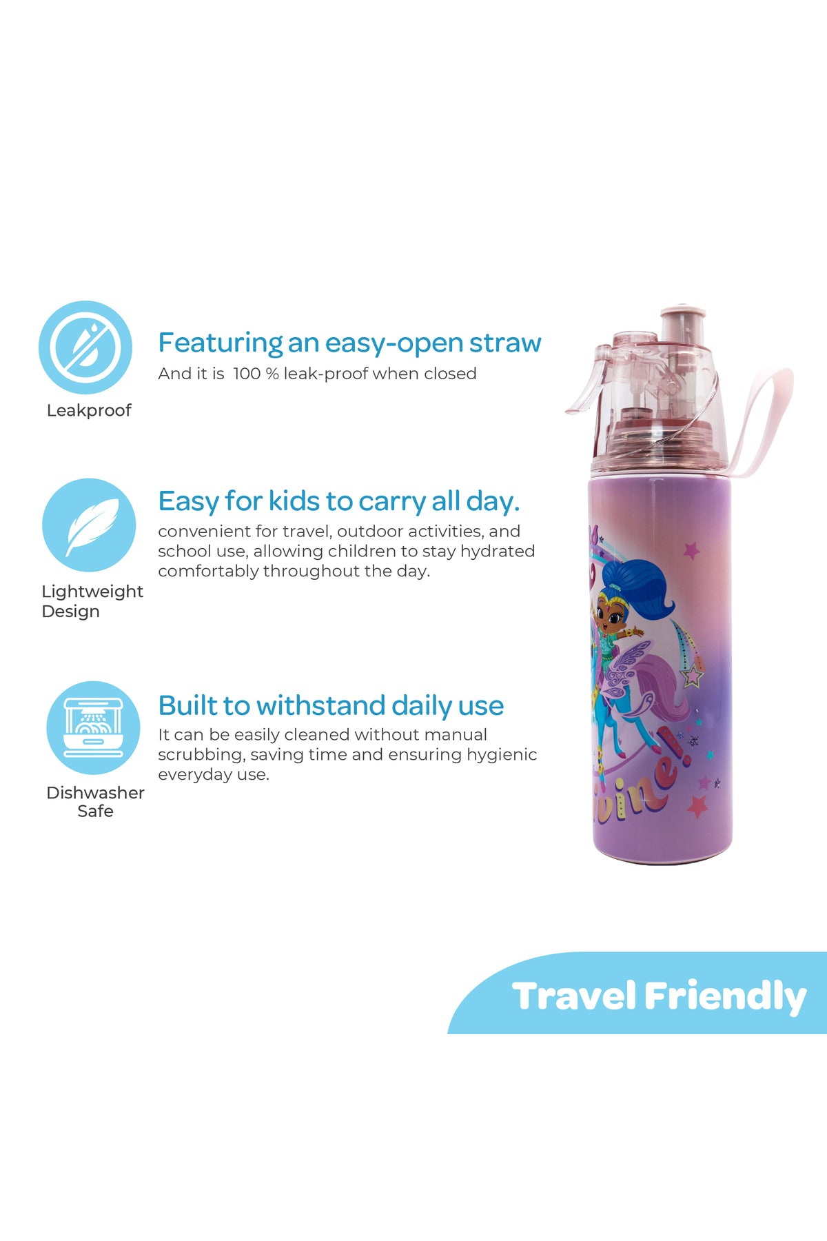 MOON Licensed Simmer & Shine Kids Water Bottle with Spray Mist | Cooling Spray | BPA-Free  Stainless Steel | Leak-Proof for School, Camping, Hiking, Outdoor Play | Girls Water Bottle |500ml