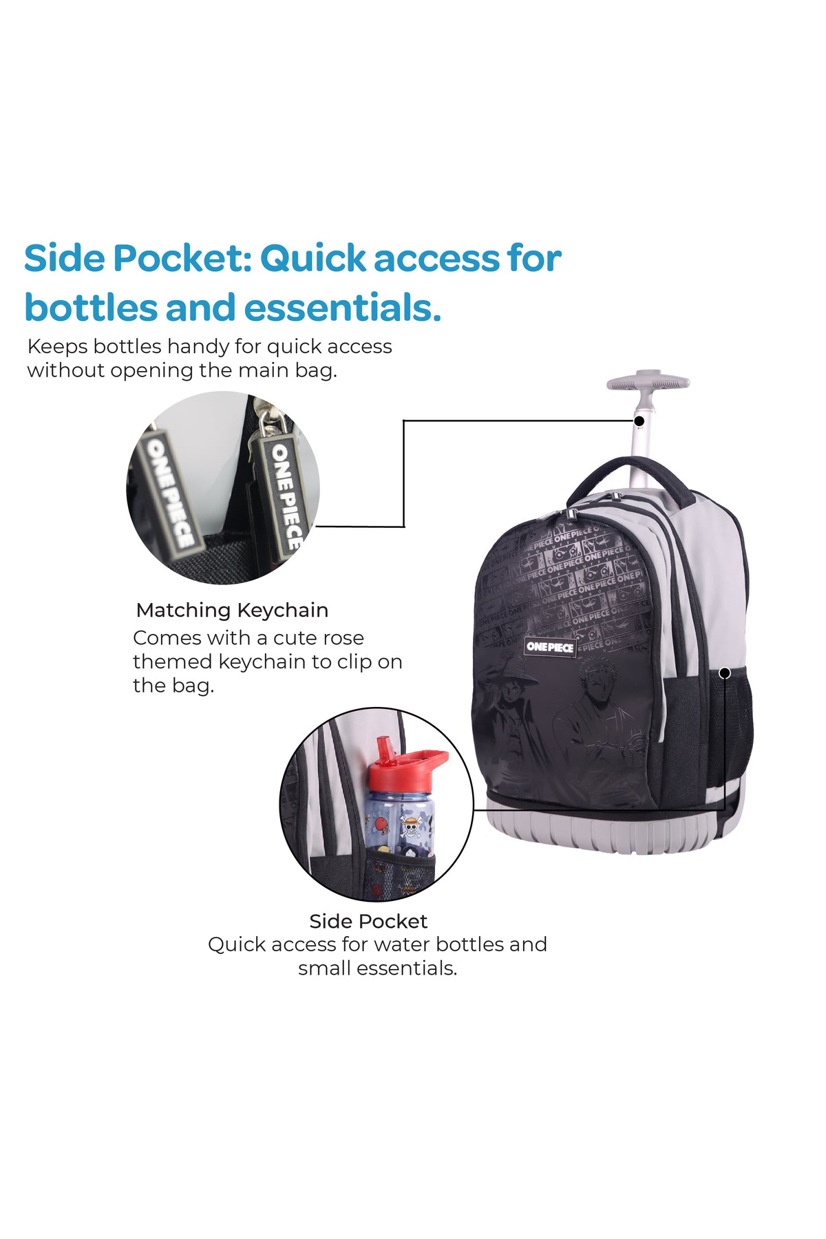 MOON Licensed One Piece 3 in 1 Kids Trolley Set   - (18-Inch) Premium Kids School Bag with Lunch Bag & Pencil Case-Black& Grey