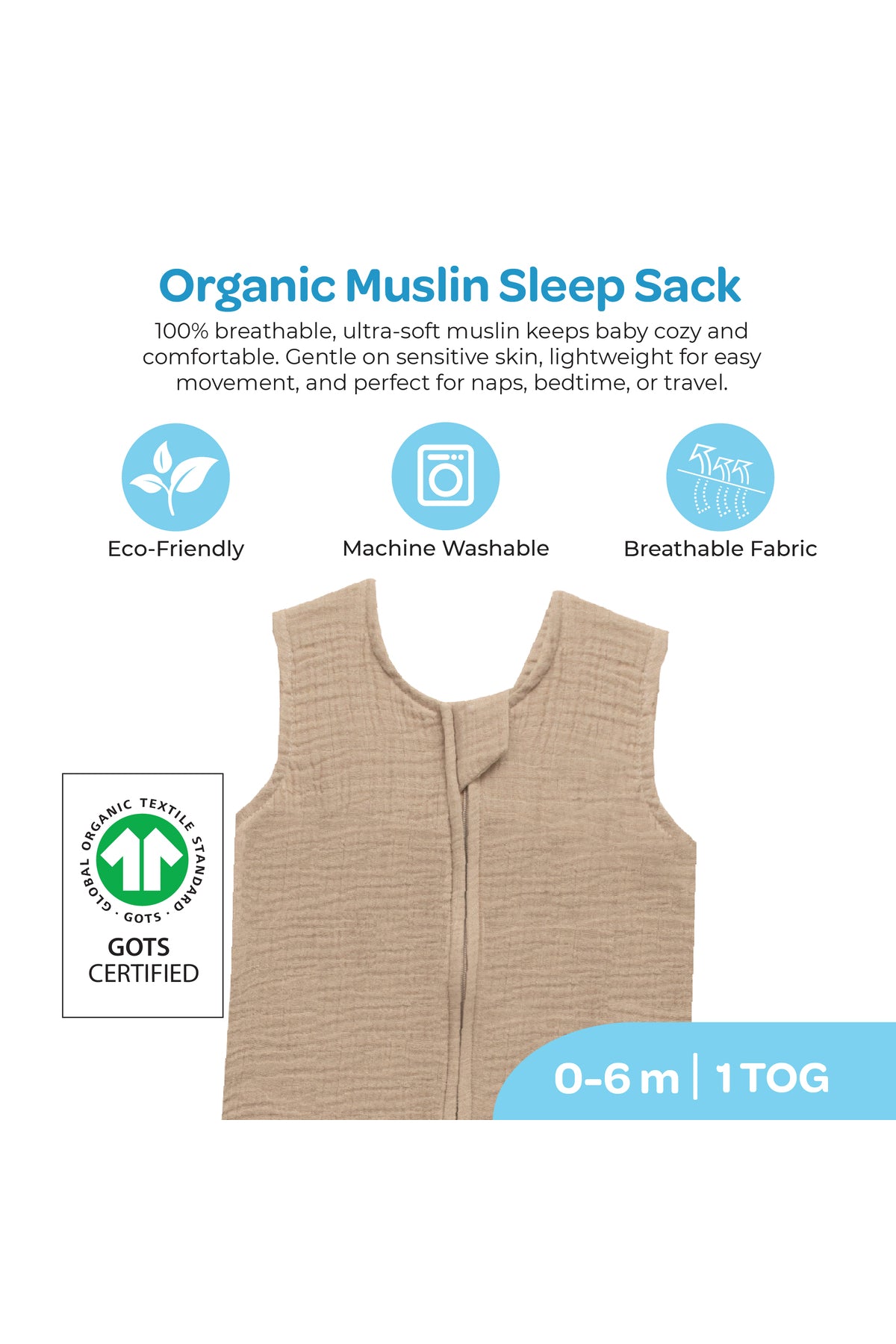 MOON Organic Crinkle Muslin Sleep sack  1 Tog (0-6 Months )-Brown