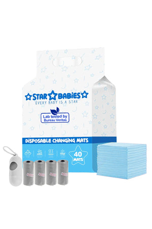 Star Babies - Disposable Changing Mat 40 Pcs With Disposable Scented Nappy Bag 60 Pcs - Blue/Grey
