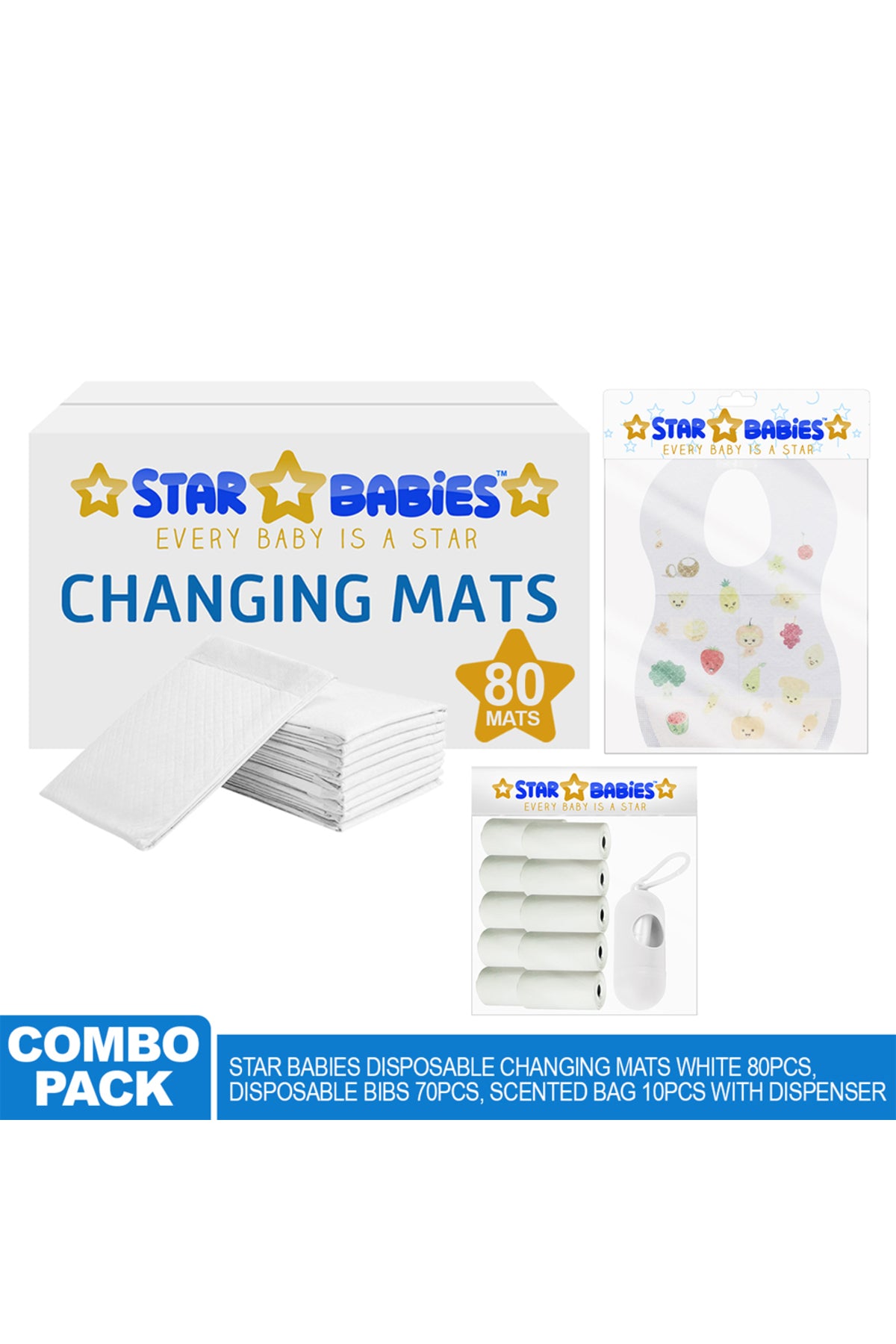 Star Babies - Changing Mats 80pcs, Bibs 70pcs and Scented Bag 10pcs with Refill - White