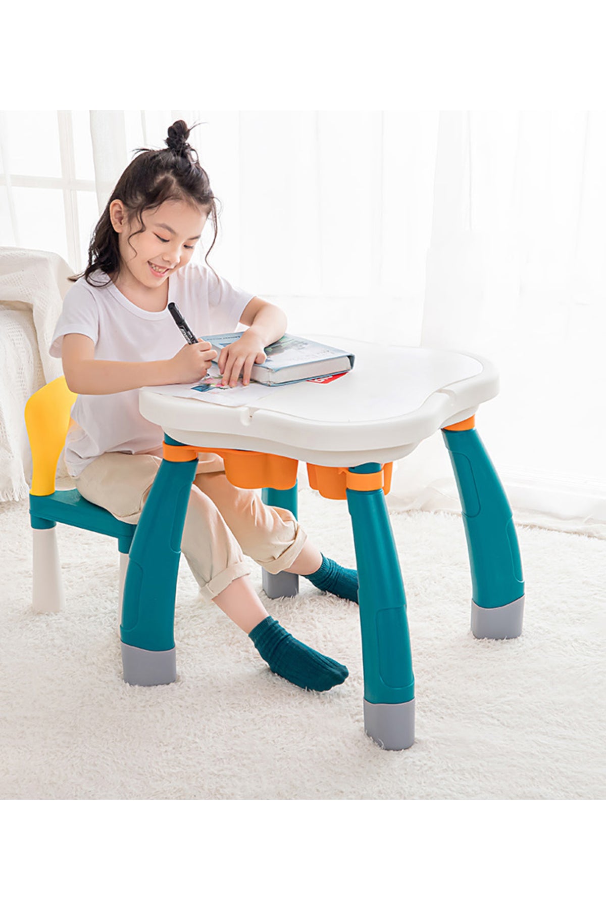Kikibebe Plum Blossom Shape Building Block Table With Chair – 100 Pieces Building Blocks – Deep Lake Green