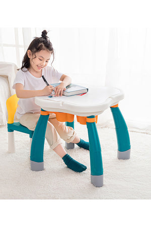 Kikibebe Plum Blossom Shape Building Block Table With Chair – 100 Pieces Building Blocks – Deep Lake Green