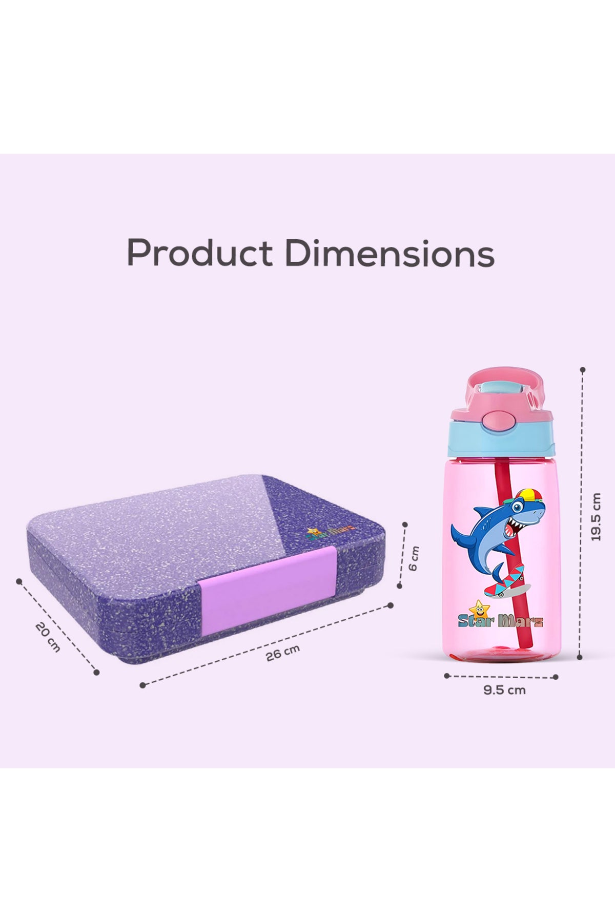 StarMarz - Unicorn Purple Bento Glitter Lunch Box with Plastic Water Bottle Shark (480ml) - Purple