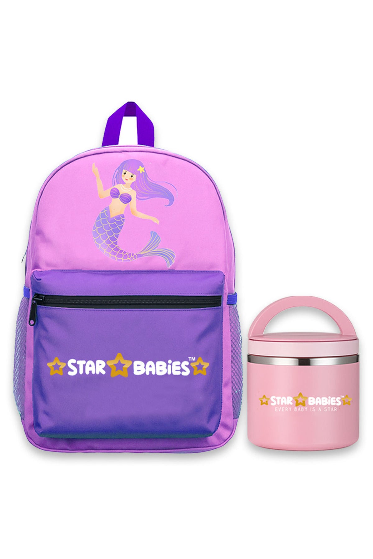 Star Babies Little Mermaid theme Black 16-Inch Children's Backpack for boys Adjustable Shoulder Strap- Lavender With food jar. Pink 500ml