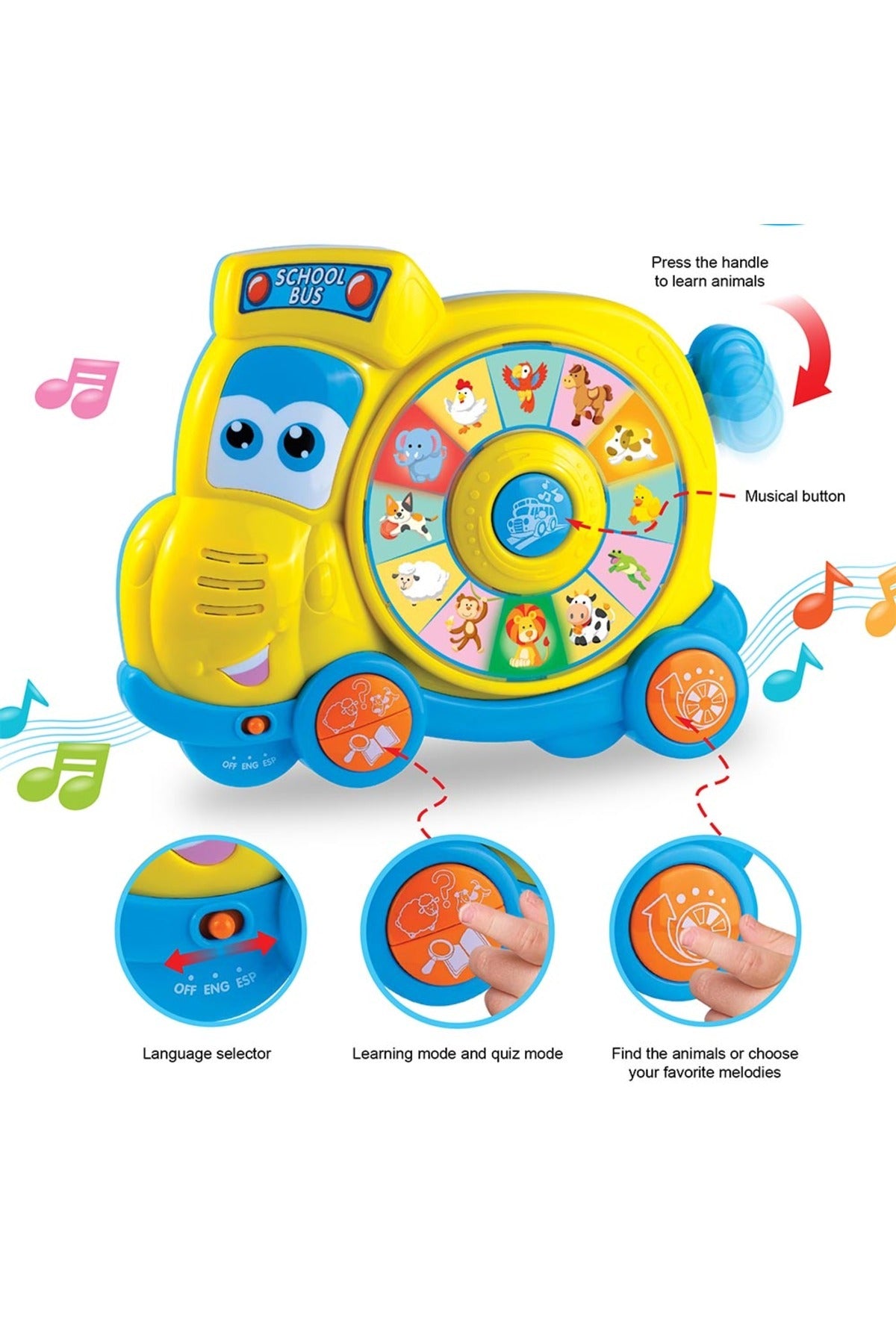 Little Learner Spin ‘N Learn School Bus - Interactive Educational Toy for Toddlers | Learn Animals, Music, Lights, and Sounds - Bilingual (English/Spanish; English/French)