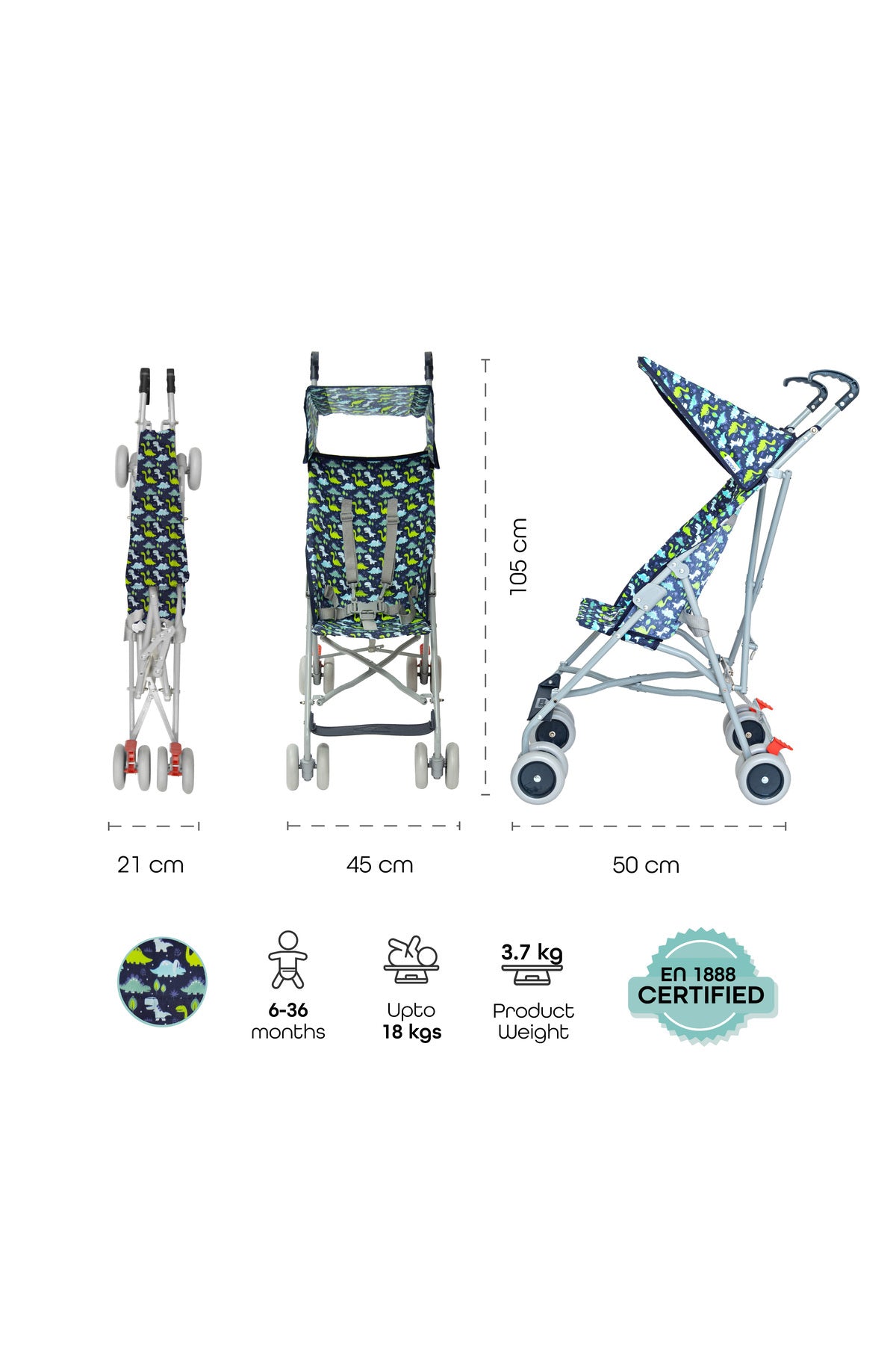 MOON - Jet Ultra Light Weight Fold Buggy Stroller Buggy - Printed Dino