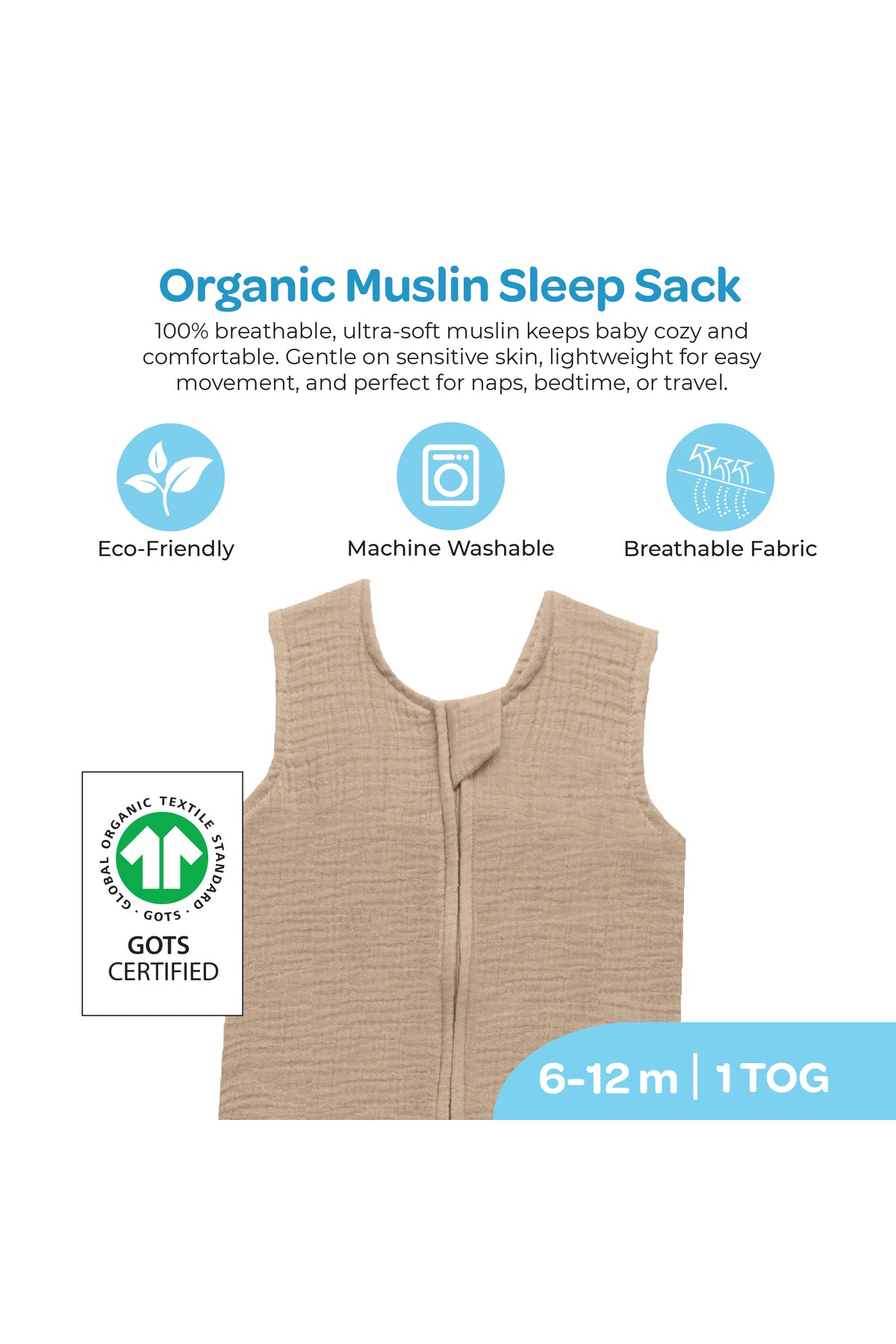 MOON Organic Crinkle Muslin Sleep sack  1 Tog (6-12 Months )-Brown