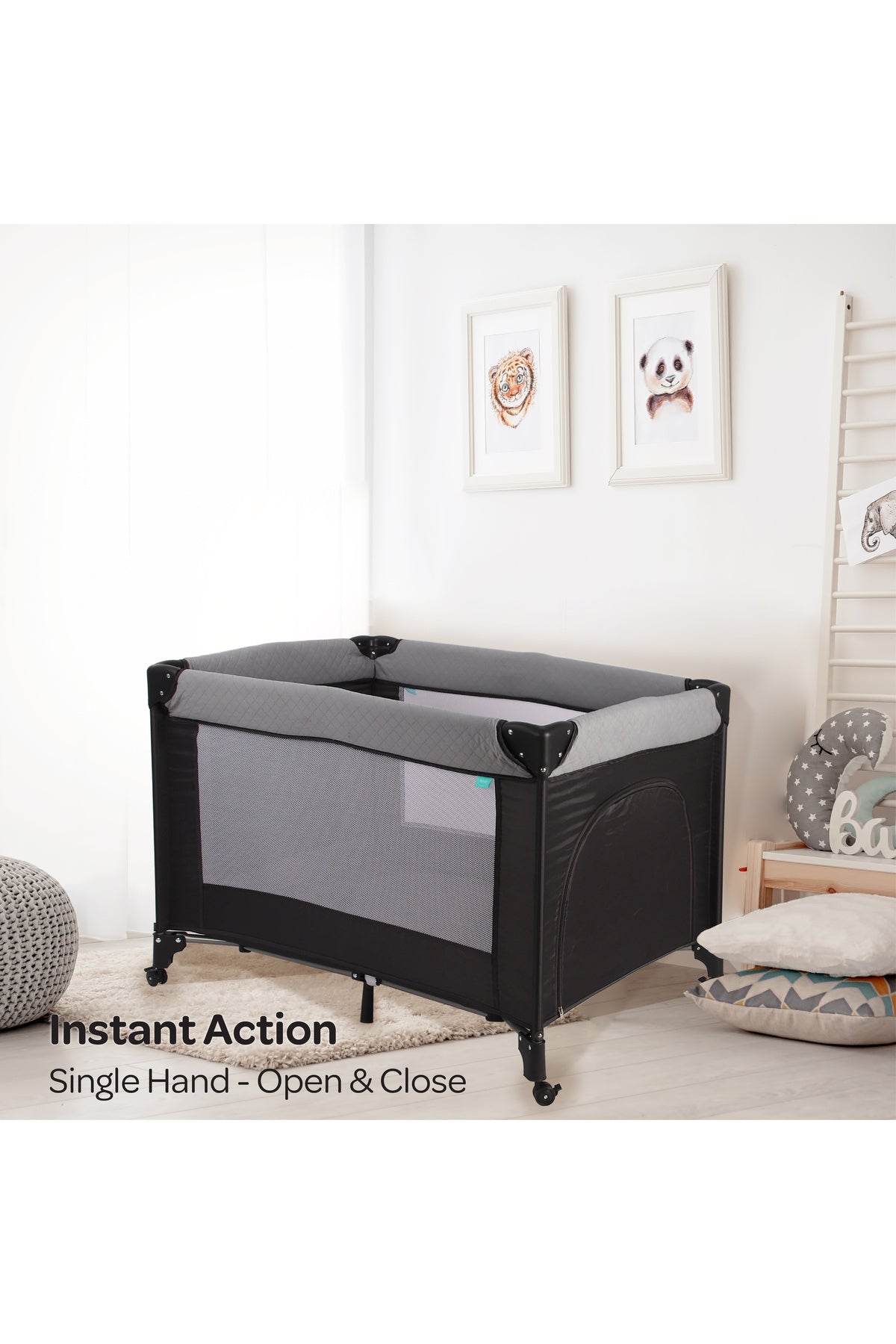 MOON Kidora Easy-Fold Playpen with Wheels, Storage & Edge Protection-Black