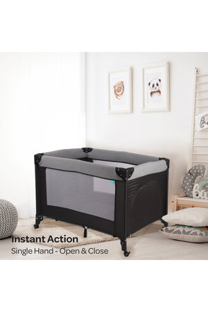 MOON Kidora Easy-Fold Playpen with Wheels, Storage & Edge Protection-Black