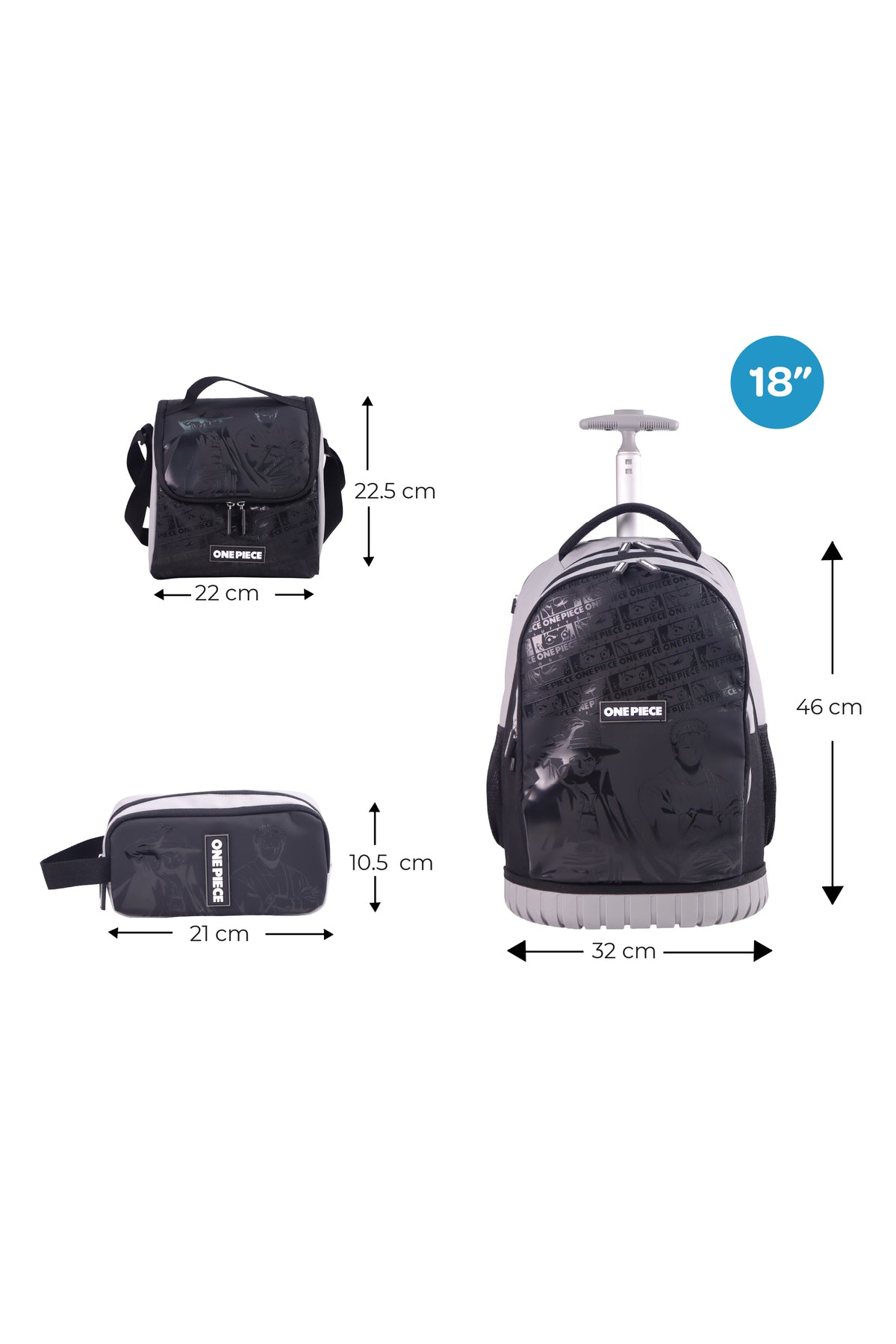 MOON Licensed One Piece 3 in 1 Kids Trolley Set   - (18-Inch) Premium Kids School Bag with Lunch Bag & Pencil Case-Black& Grey