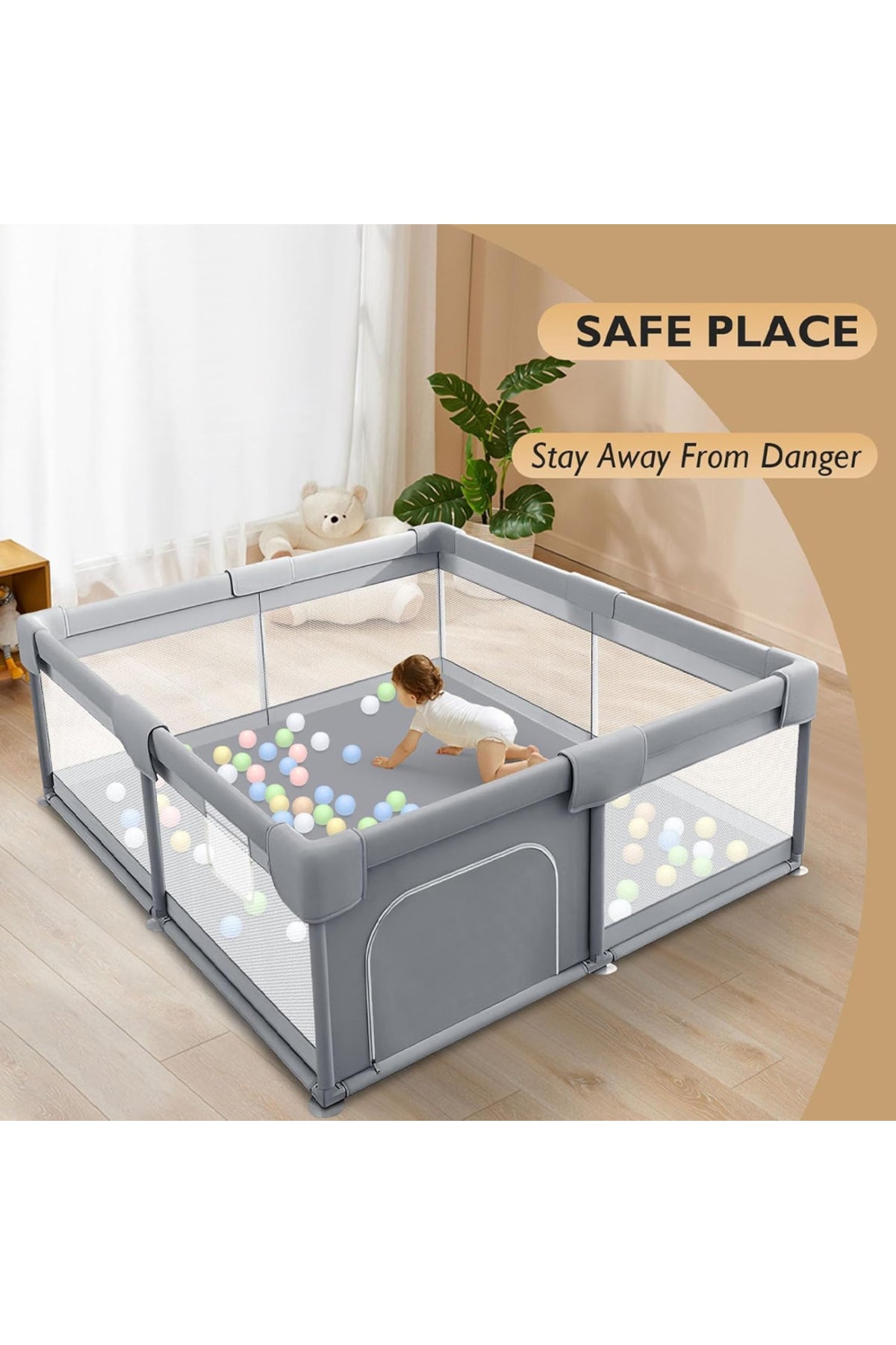 Star Babies - Baby Playpen With 4 Pull-Up Rings - Dark Grey - 180 x 150 cm