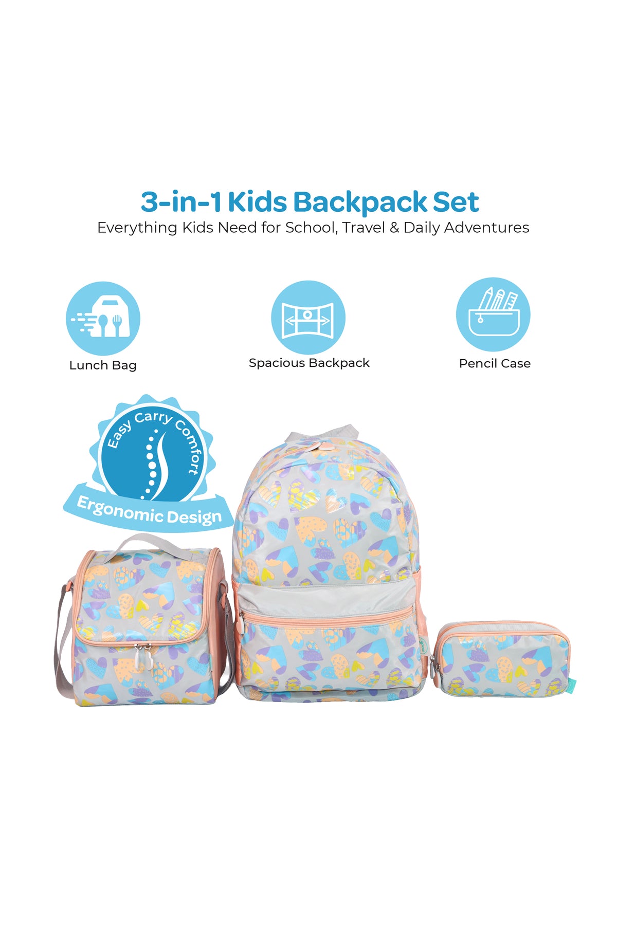 MOON  3 in 1 Kids Backpack  Set   - (16-Inch) Premium Kids School Bag with Lunch Bag & Pencil Case-Pink