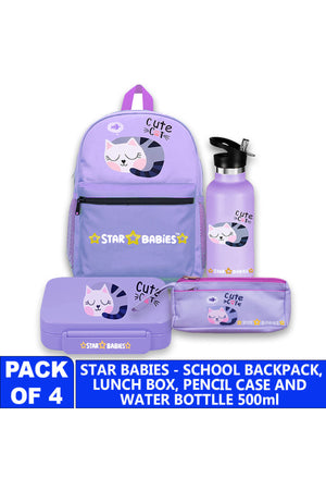 Star Babies 16-Inch Cute CAt Themed Children's Backpack with 5 compartment Bento lunch box , Stainless steel water bottle and Dual Zipper Pencil Case