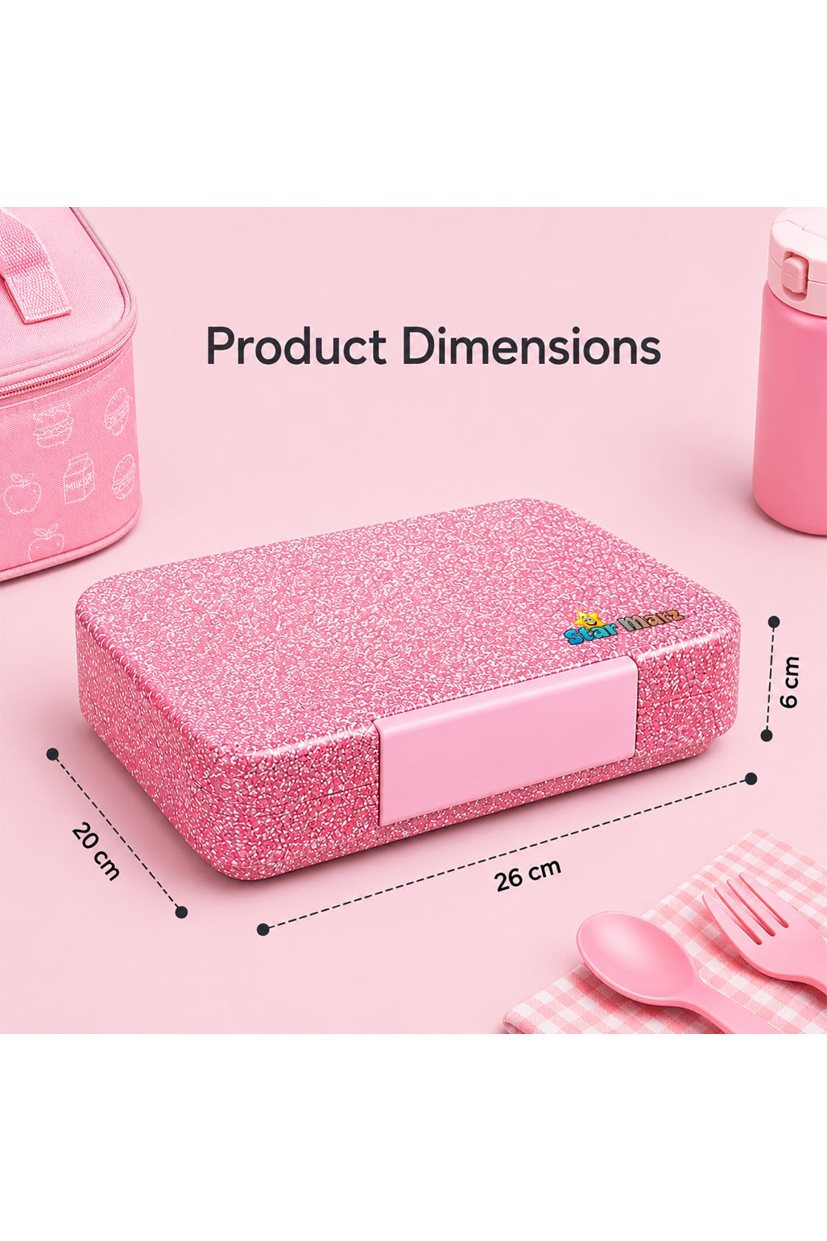 StarMarz Bento Glitter Lunch Box For Kids – Little Princes Edition | 4–6 Compartments, Sandwich Cutters, Fruit Pickers, 1195Ml, Detachable Tray-Pink