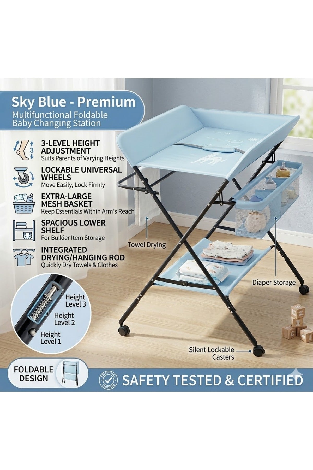 Portable Baby Changing Table with Storage Organizer & Wheels – Light Blue