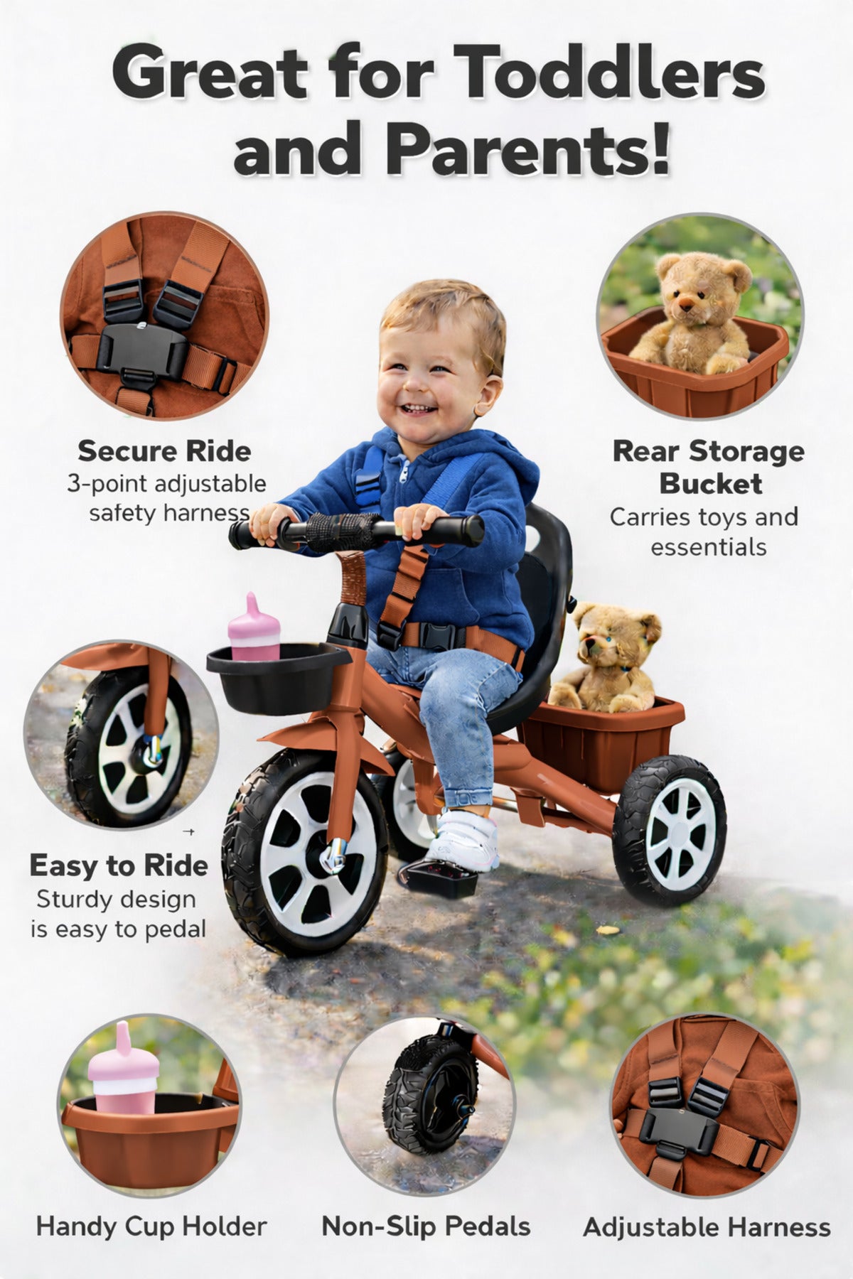 StarMarz Toddler 3-Wheel Tricycle Ride-On Toy with Safety Seat, Cup Holder & Rear Storage Basket - Brown