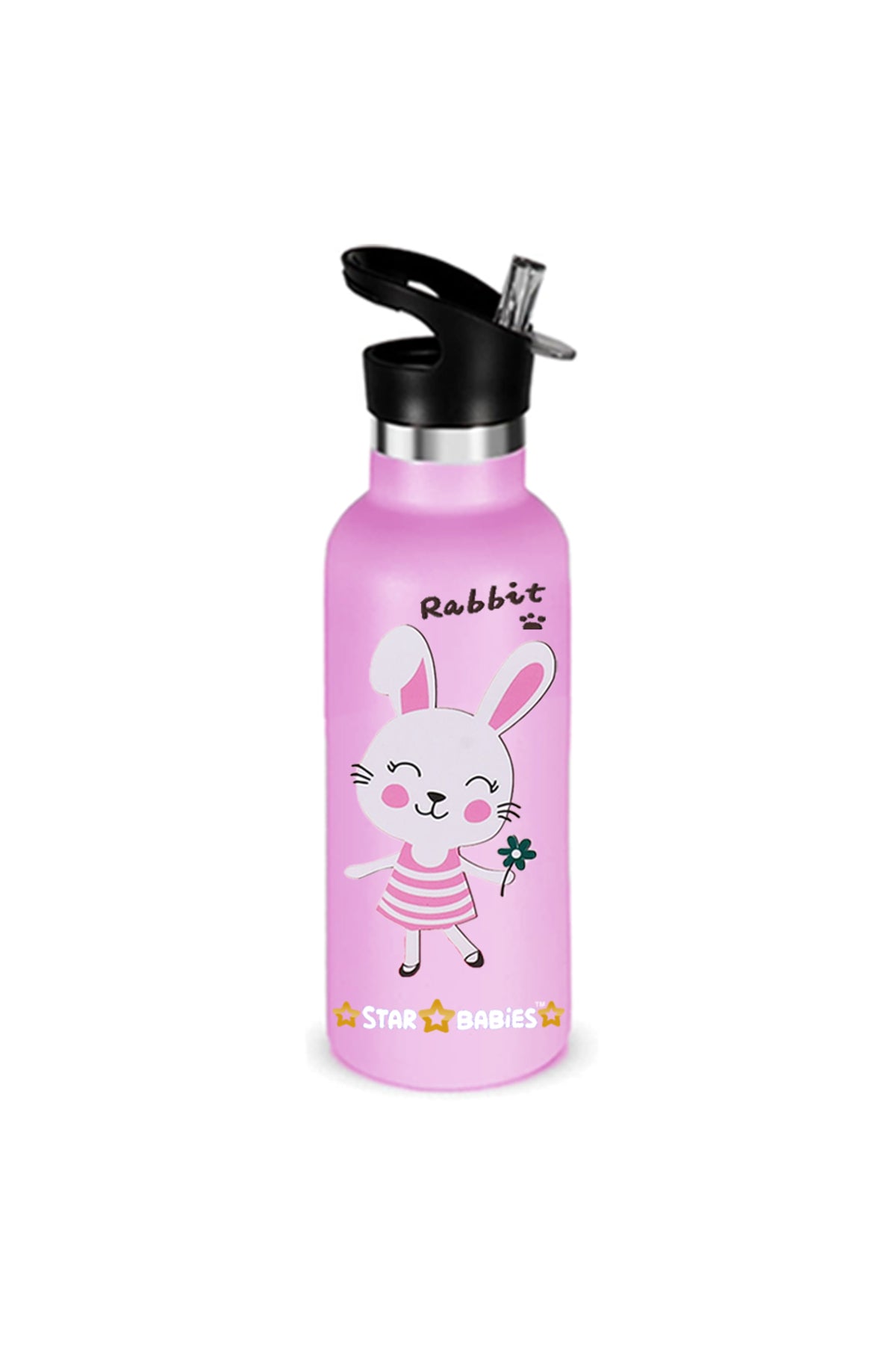Star Babies Cute Rabbit Theme Anti Spil Stainless Steel 500ml Water Bottles, Vacuum Insulated Double Wall Travel Bottle with Leak-Proof hot and cold with a special Straw 3 to 6 Years-  Pink