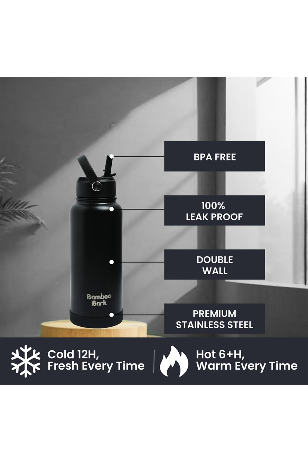 Bamboo Bark 1000 ML Insulated Water Bottle with Sipper Lid – Stainless Steel Double Wall Vacuum Flask for Hot & Cold Water Leak-Proof, Reusable Sports Thermos Bottle - (Black)