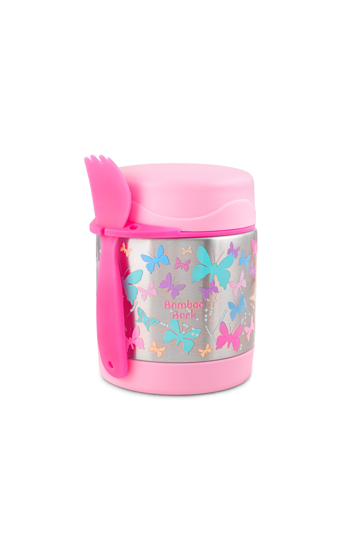 Bamboo Bark Kids Insulated Stainless Steel Food Jar with Fork, 350ml Thermal Lunch Container for Hot or Cold Food, Leakproof, BPA-Free, Ideal for School, Daycare & Travel,| Butterfly Design