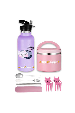 Star Babies - Stainless Steel Bottle & Food Jar + 2 Fruit Picks + Fork-Spoon Set_Cat