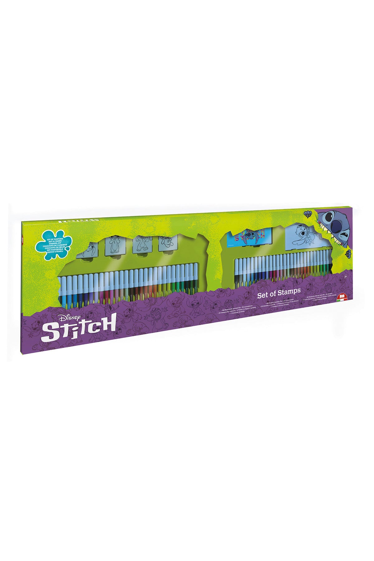 Multiprint Stitch 60-Piece Felt-Tip Pen Set – Includes 60 Felt Pens, 10 Pencil Crayons, 10 Wax Crayons, 6 Stamps, Ink Pad, Coloring Book, Notebook & 30 Stickers – 100% Made in Italy