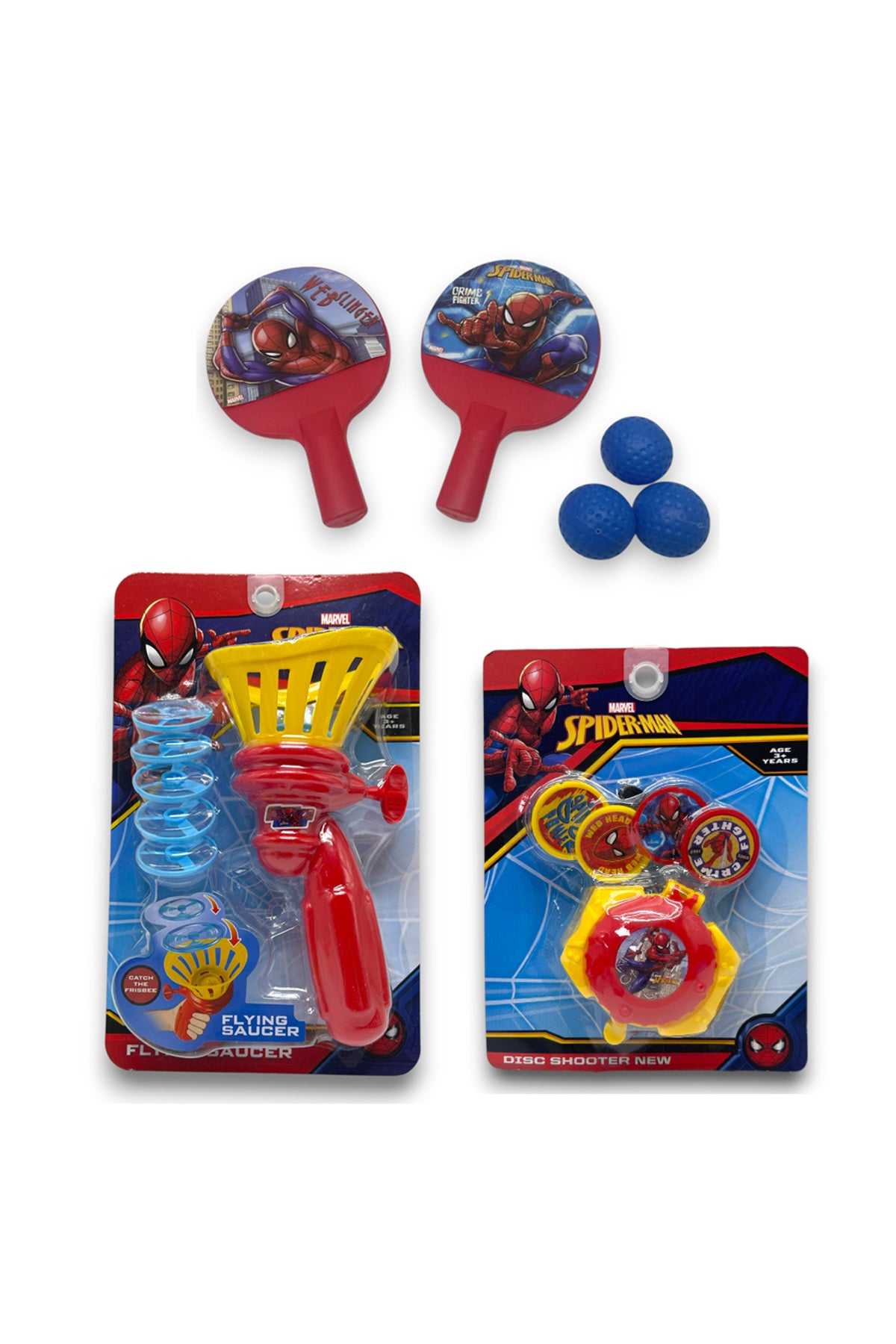 Marvel Flying Saucer Disc Shooter Toy with 5 Launching Discs – Outdoor Action Game for Kids – Easy Pull Trigger Launcher-Multicolor + Marvel Spider-Man Disc Shooter Toy for Kids  + Marvel Spider-Man Paddle Ball Set with 3 Balls