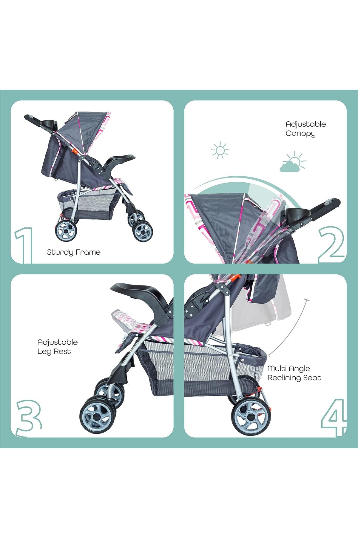 MOON Trek - One Fold Stroller - Pink Stripes