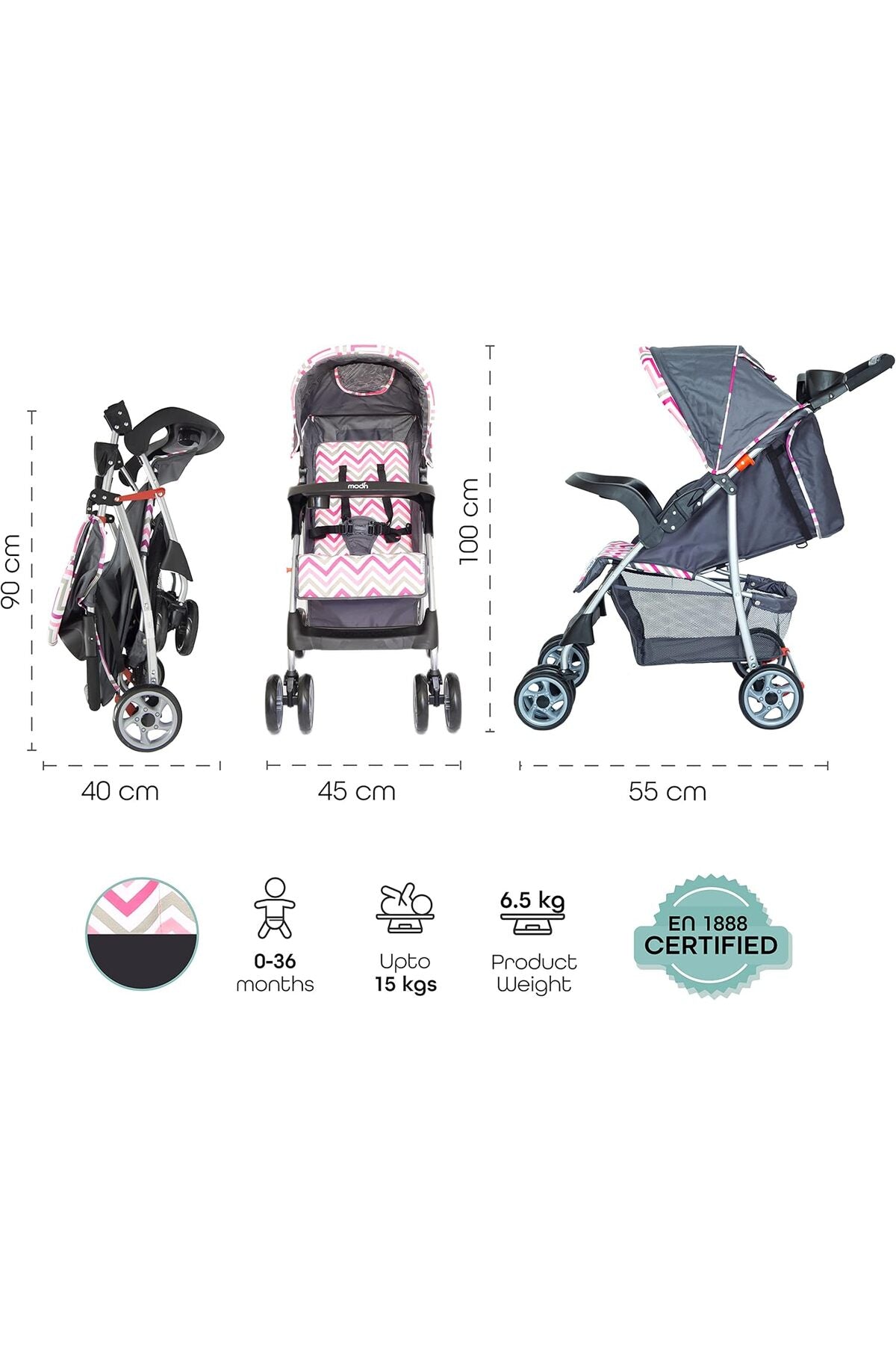 MOON Trek - One Fold Stroller - Pink Stripes