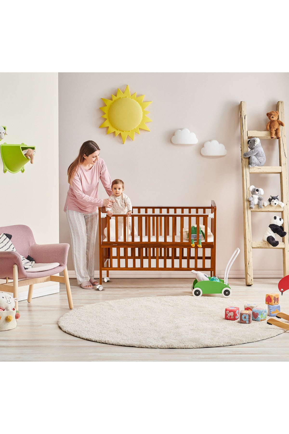 MOON Wooden Portable crib(129X69X96 cm) -Brown