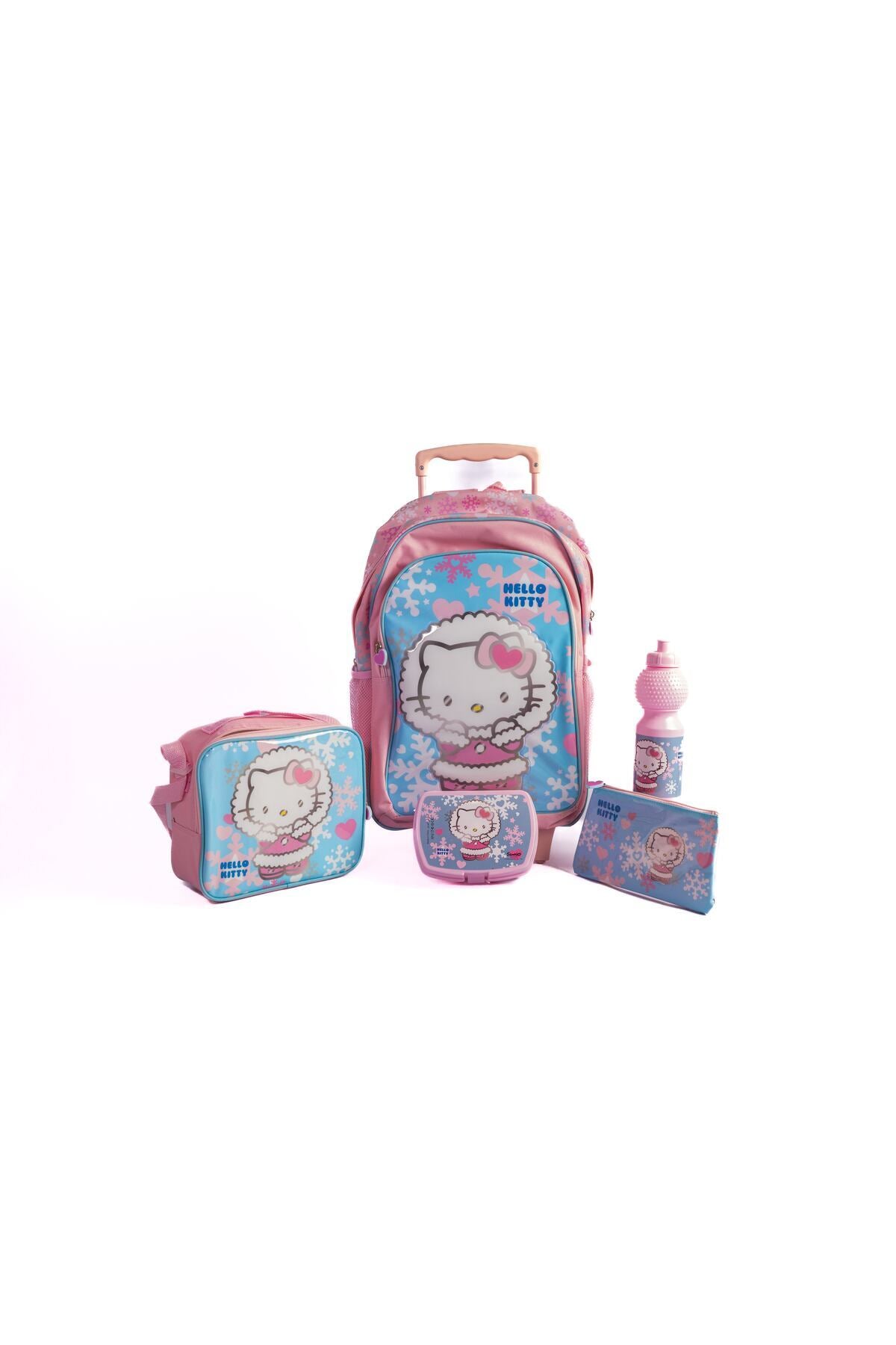 Hello Kitty 5-In-1 School Trolley Set With Lunch Bag, Pencil Case, Water Bottle, And Lunch Box – Pink