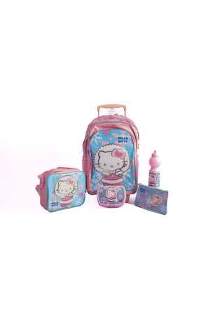 Hello Kitty 5-In-1 School Trolley Set With Lunch Bag, Pencil Case, Water Bottle, And Lunch Box – Pink