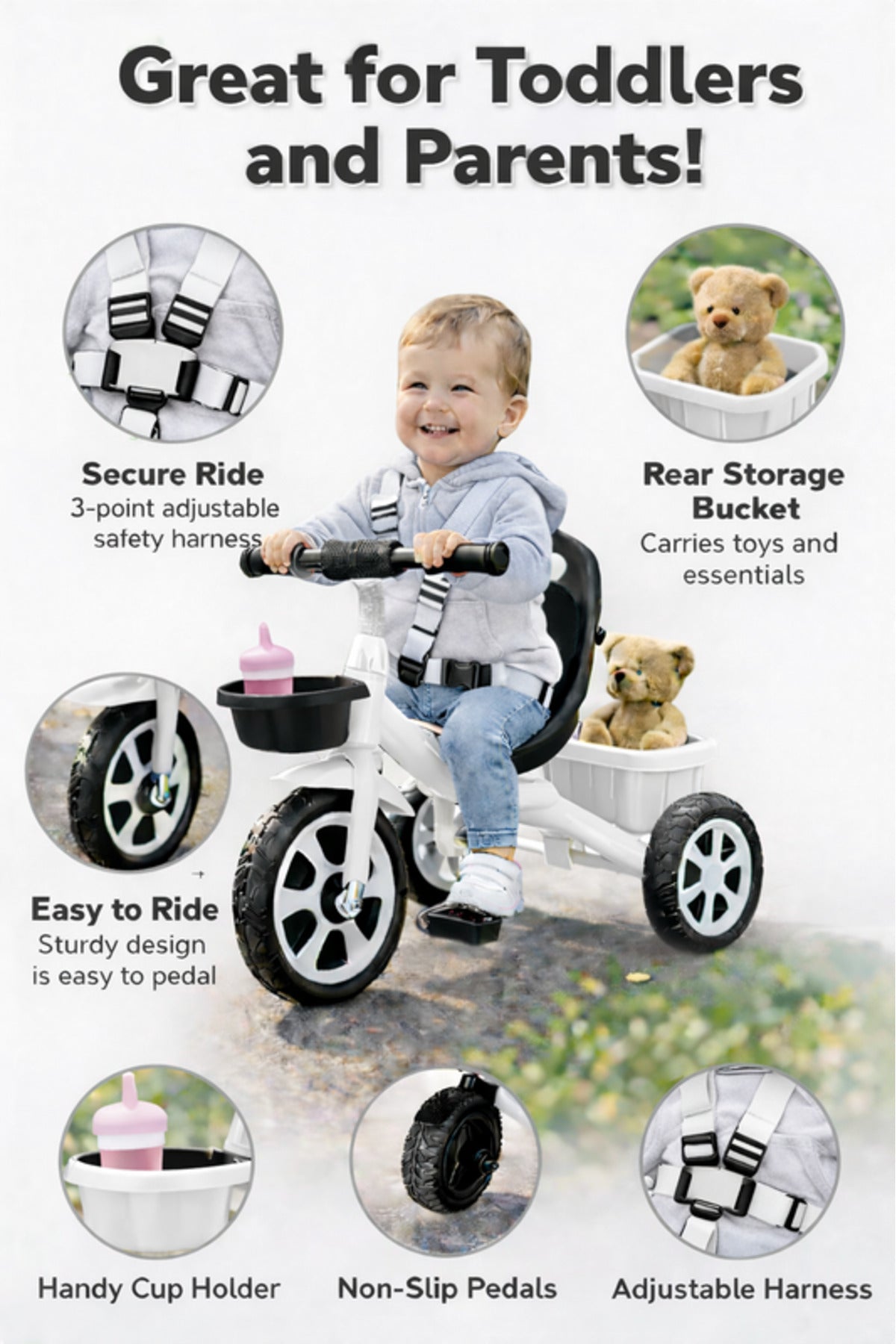 StarMarz Toddler 3-Wheel Tricycle Ride-On Toy with Safety Seat, Cup Holder & Rear Storage Basket - White