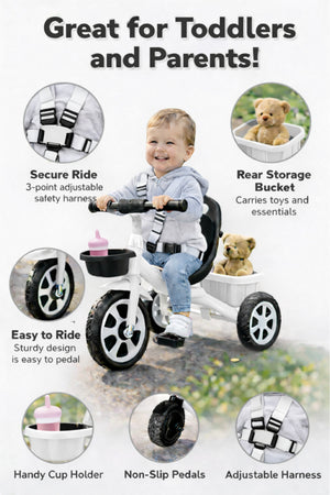 StarMarz Toddler 3-Wheel Tricycle Ride-On Toy with Safety Seat, Cup Holder & Rear Storage Basket - White