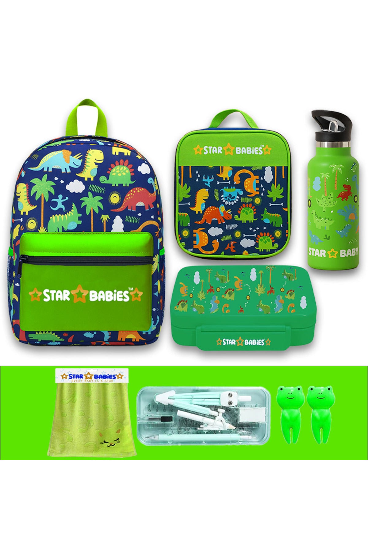 Star Babies Set of 4 – Jungle Green Theme 16" School Bag, 4-Compartment Lunch Box, Insulated Lunch Bag, 500ml Water Bottle