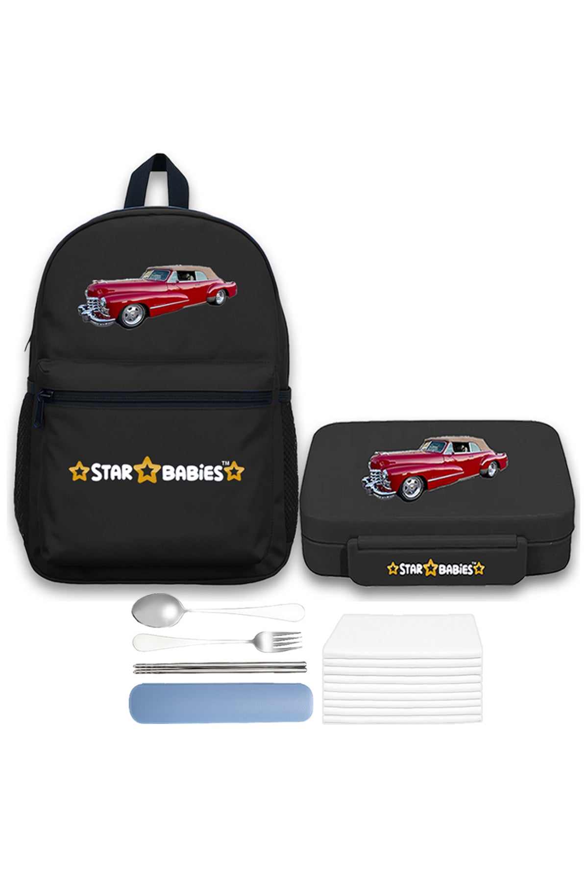 Star Babies 16-Inch Retro Car Themed Children's Backpack for boys Adjustable Shoulder Strap for Hiking Large with Bento Lunch Box with 4 Compartments, BPA Free, Leak-Proof, Toddler-Friendly, 3 Years+ size,Pack of 2