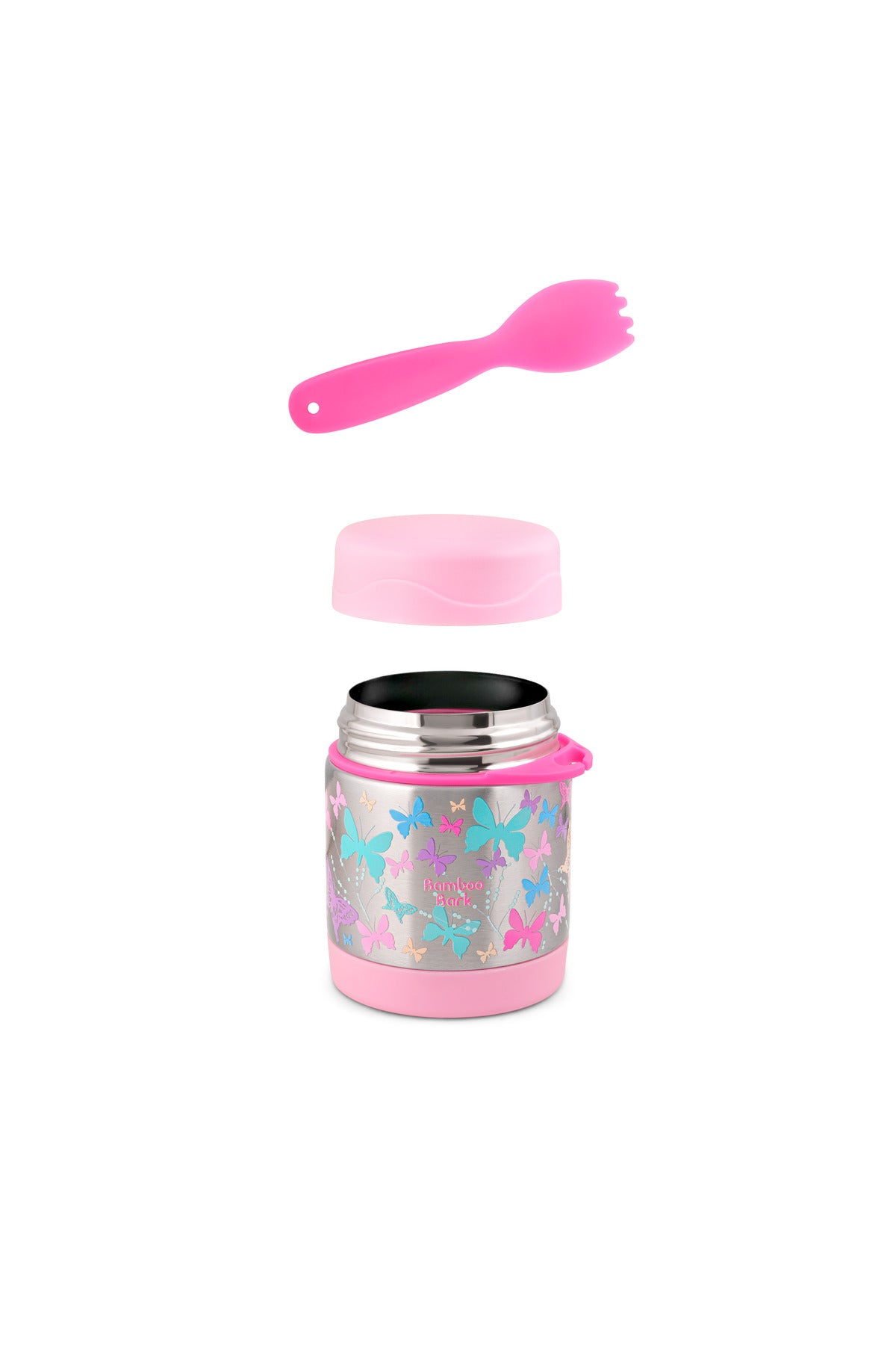 Bamboo Bark Kids Insulated Stainless Steel Food Jar with Fork, 350ml Thermal Lunch Container for Hot or Cold Food, Leakproof, BPA-Free, Ideal for School, Daycare & Travel,| Butterfly Design